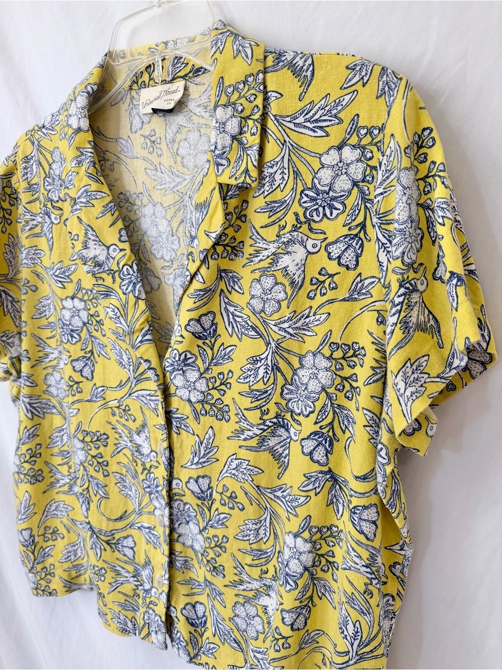 Linen Blend Camp Shirt Yellow Bird Floral Button Down Womens M